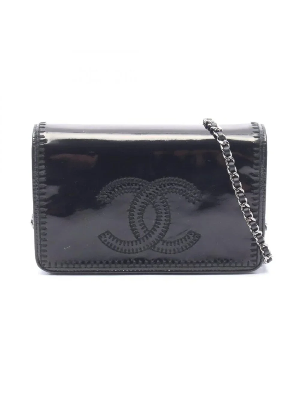 Chanel Shoulder Bag CC Logo Full Flap Black Patent Leather Chain Wallet
